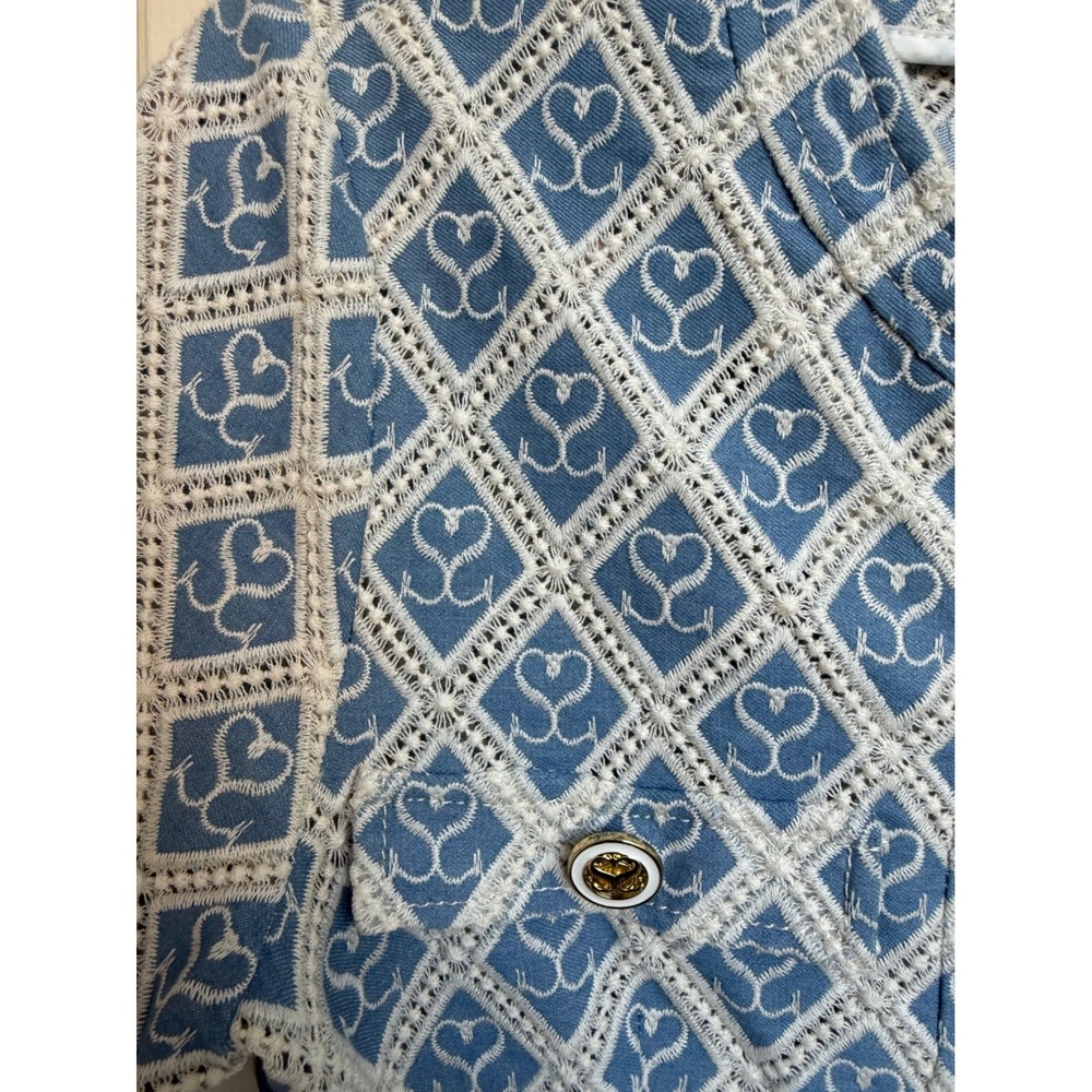 Sandro Blue White Heart Logo Jacquard Zip Front Pleated Mini Dress Size 38/M - Picture 9 of 13